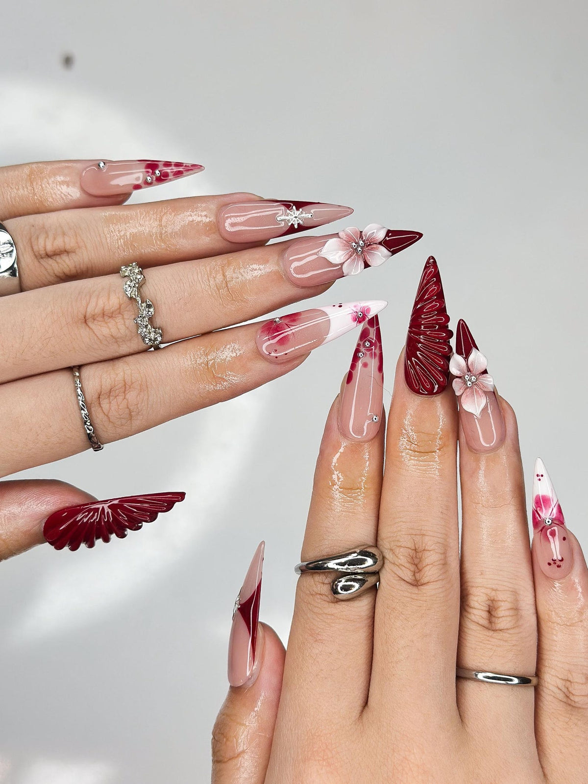 Deep Lily & Crimson Ripple Nails | 3D Floral Dark Red Press Ons | Luxury Moody Romantic Burgundy Stiletto Art | OB370IC