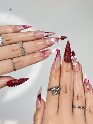 Deep Lily & Crimson Ripple Nails | 3D Floral Dark Red Press Ons | Luxury Moody Romantic Burgundy Stiletto Art | OB370IC