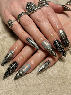 Press On Nails Adhesive Tabs – Black Silver Chrome Abstract Art Long Stiletto Handmade Fake Nails for Gothic Futuristic Look | OB2L