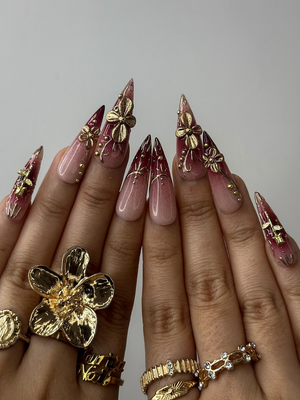Golden Red Press On Nails | Burgundy & Gold Floral Nail Art | 3D Metallic Flower Design | Luxury Nail Set | Long Stiletto Press Ons| OC878HC