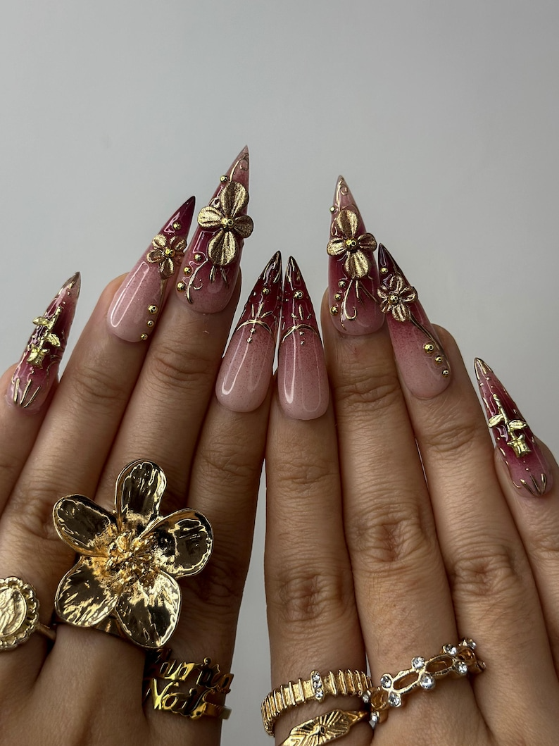 Golden Red Press On Nails | Burgundy & Gold Floral Nail Art | 3D Metallic Flower Design | Luxury Nail Set | Long Stiletto Press Ons| OC878HC