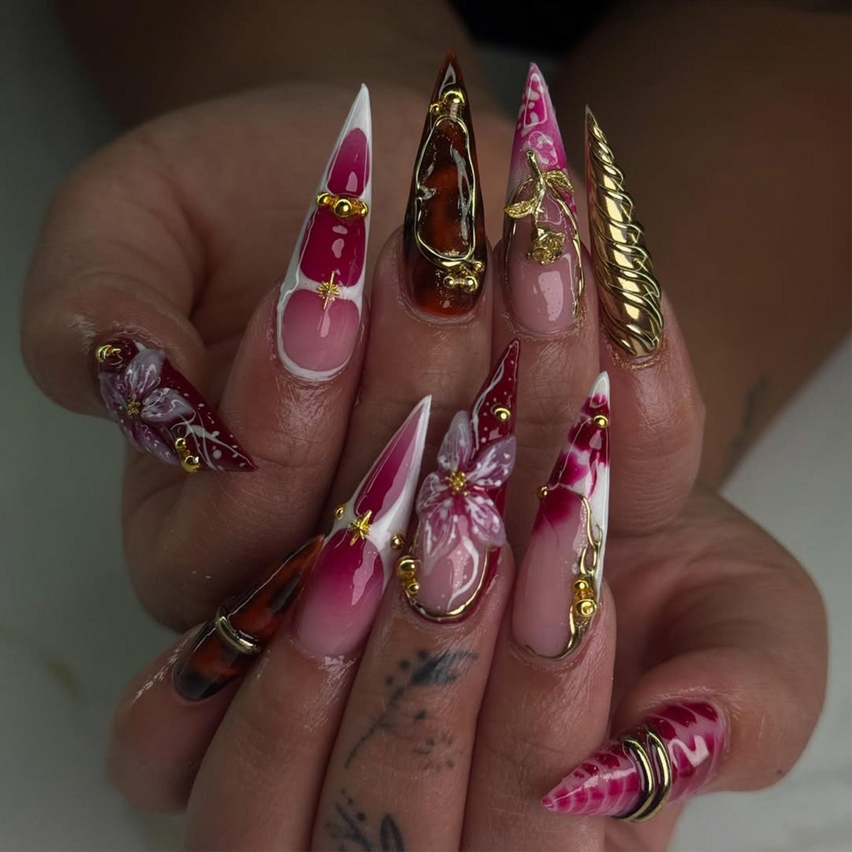 Crimson Gold Floral Press On Nails | 3D Red Floral & Gold Nail Art | Sculpted Jewel Accent Nails | Handmade Elegant Press On Set | OC992HP