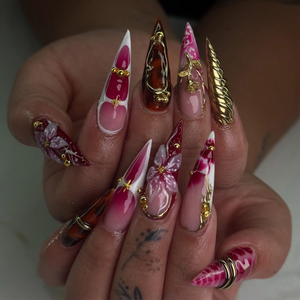 Crimson Gold Floral Press On Nails | 3D Red Floral & Gold Nail Art | Sculpted Jewel Accent Nails | Handmade Elegant Press On Set | OC992HP