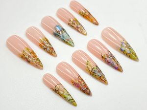 Gold Foil Floral Press On Nails | Vintage Garden Nails | Nude Gradient Floral Nails | Long Press On Nails | Botanical Press Ons | OC773HC
