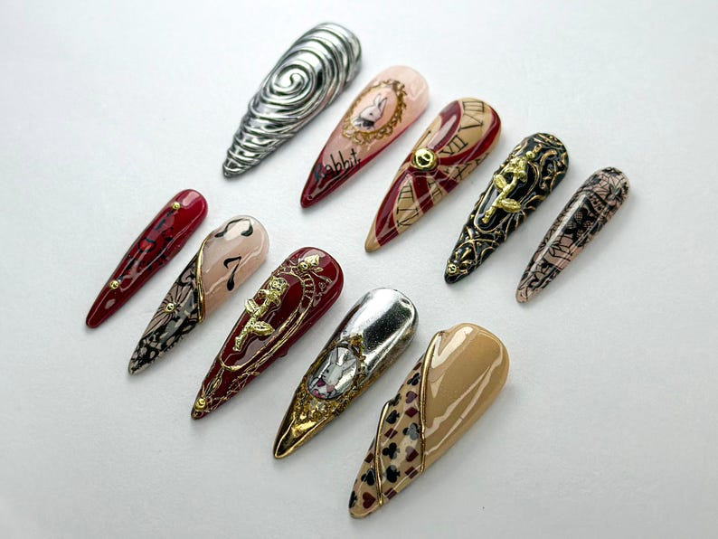 Alice in Wonderland Press-On Nails | Steampunk & Vintage-Inspired Set | White Rabbit Gothic Nail Set | Dark Fairytale Press-Ons | OB727HC