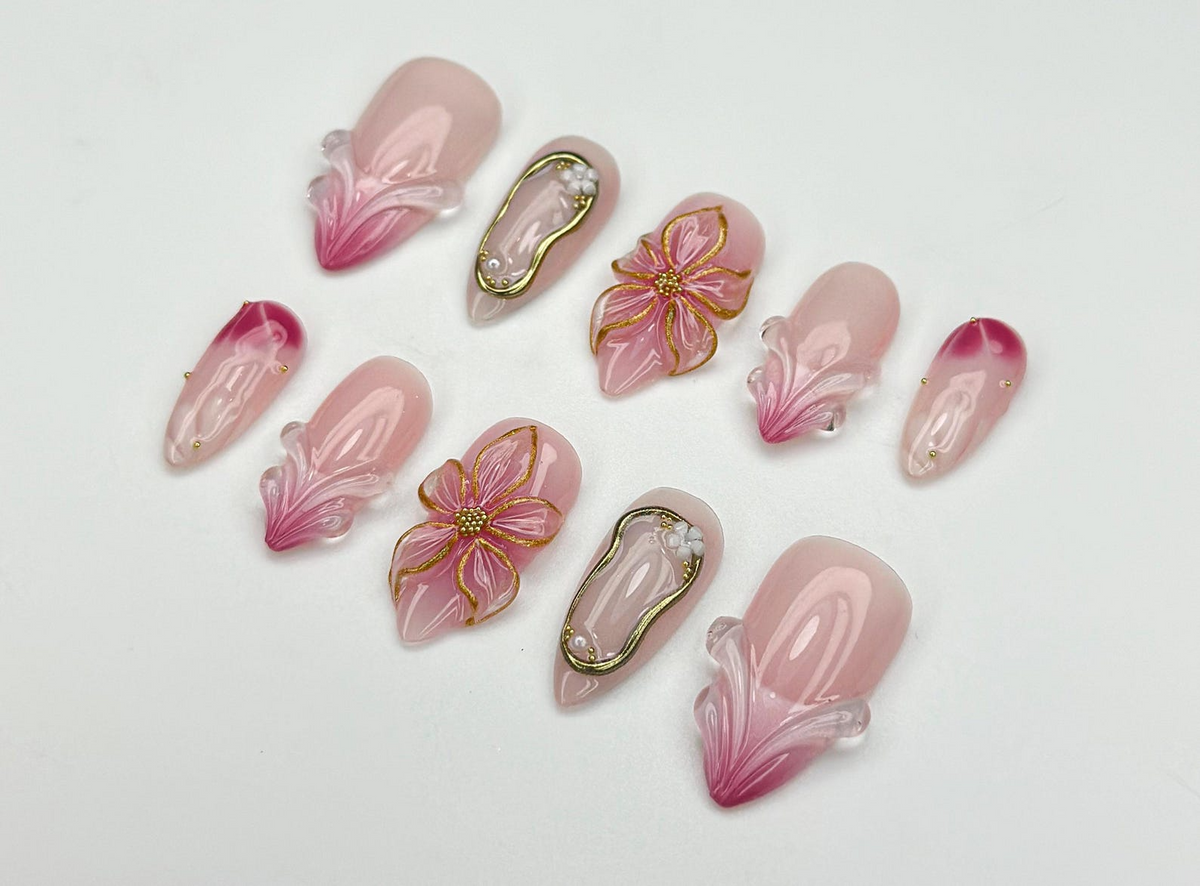 Blush Bloom Elegance Press On Nails | 3D Floral Accents & Gold Details & Pink Ombre Press Ons | Wedding Nails | OC962H