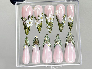 Sculpted Floral Press On Nails | Glossy Green Leaf Nail Art | Ethereal Spring Press Ons | Elegant Flower Tips Fake nails | Luxury | OB944LK