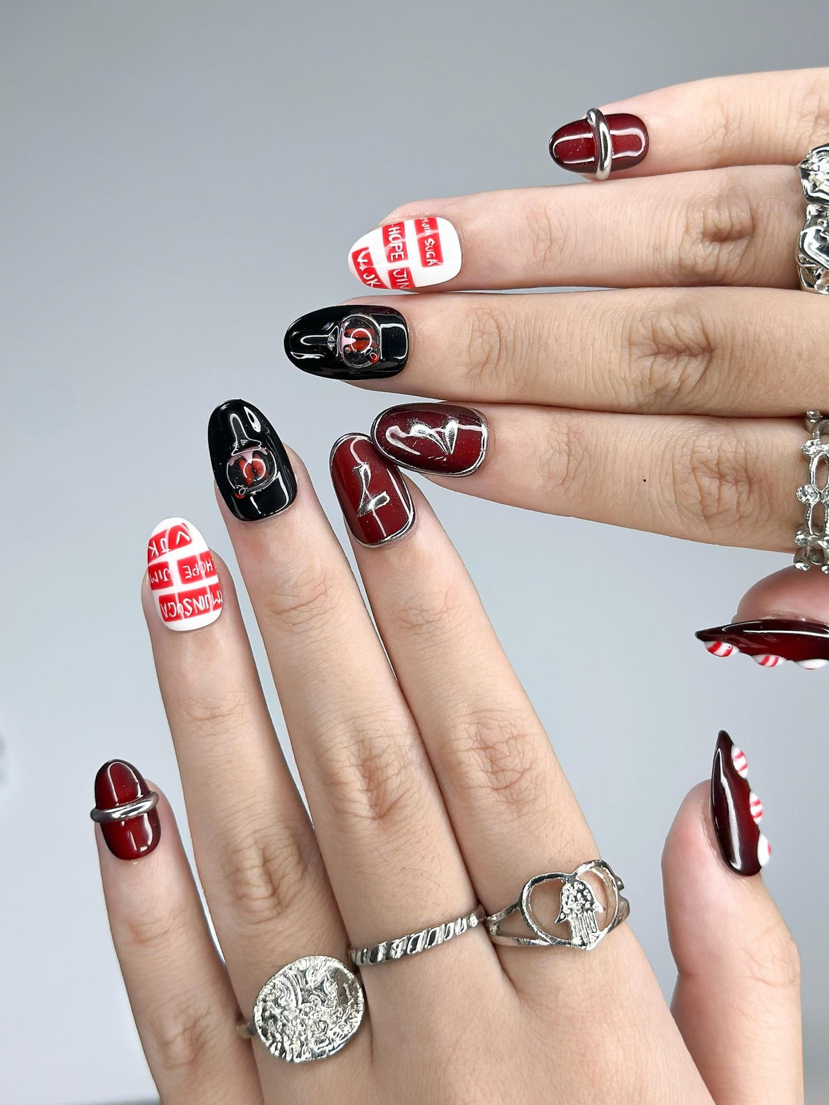 Kpop Inspired Arirang Spirit Nails | 7 Spirit Cupid Voyage Press Ons | Red White Silver 3D Chrome Nails | Fandom Concert Nails | OB359IC