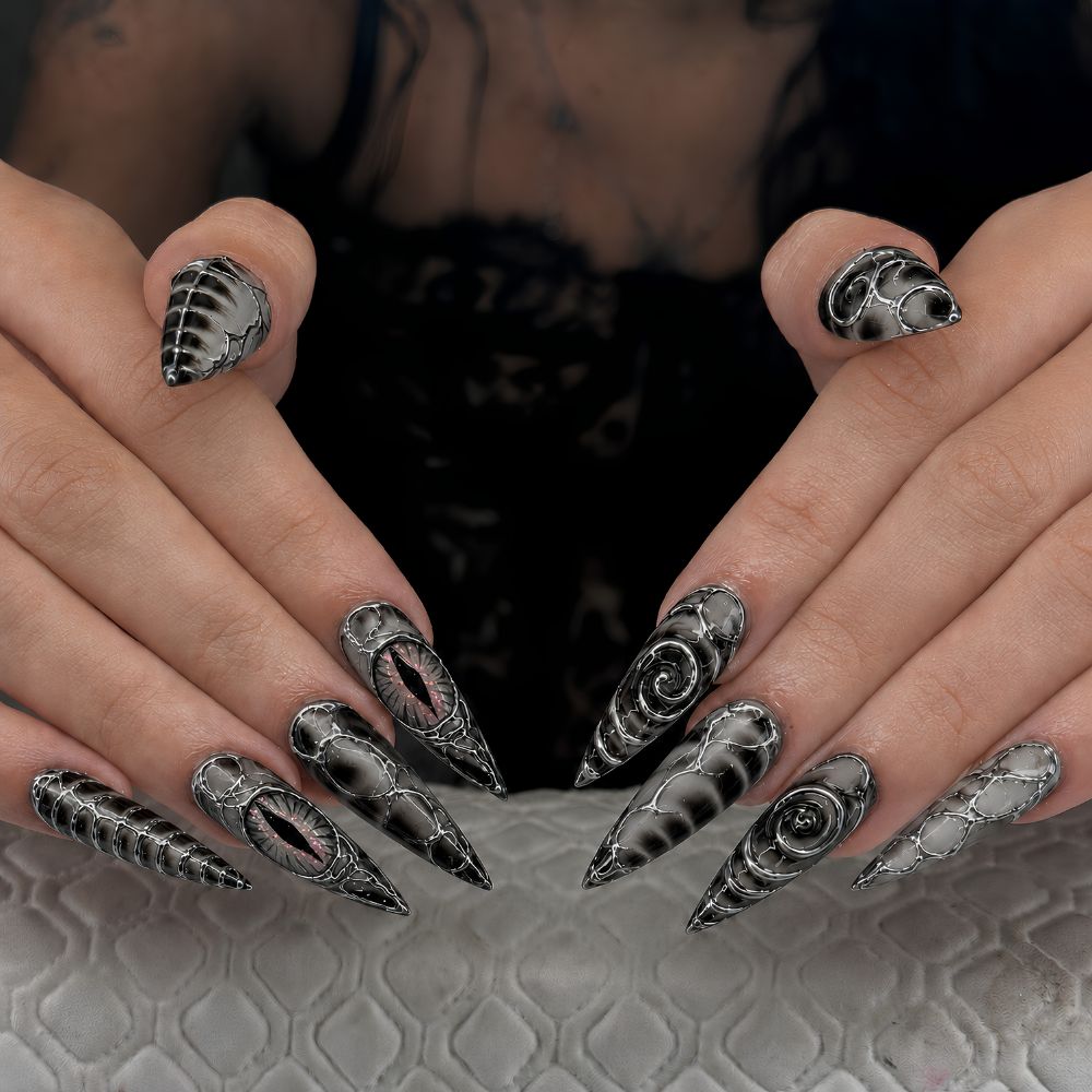 Silver Abyss 3D Floral Press-On Nails - Aninail