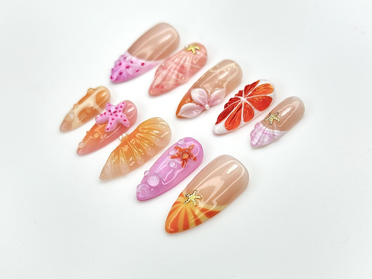 Tropical Summer Splash Press On Nails | Cute Starfish & Shell Design | Bright Sunset and Beach Theme Nails | 3D Ocean Nail Art | OB979EK
