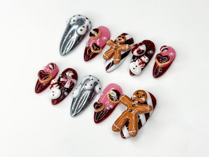 Gingerbread Red Christmas Press On Nails | 3D Christmas Cookie Nail | Peppermint & Snowman Holiday Nails| Red Glitter Festive Nails |OB216HC