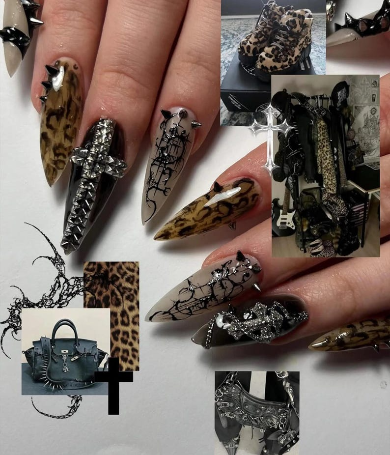 Gothic Punk Stiletto Press On Nails | Leopard Chrome Nail Art | Edgy Studded Nail Design | Alt Fashion Black Nails | OB827HC
