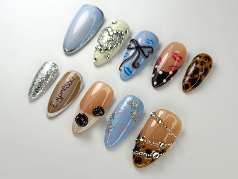Modern Espresso Coffee Press-On Nails | Glitter, Glam Espresso Nails | Coffee, Leopard & Bow Designs | Luxury Espresso Aesthetic | OC713HC