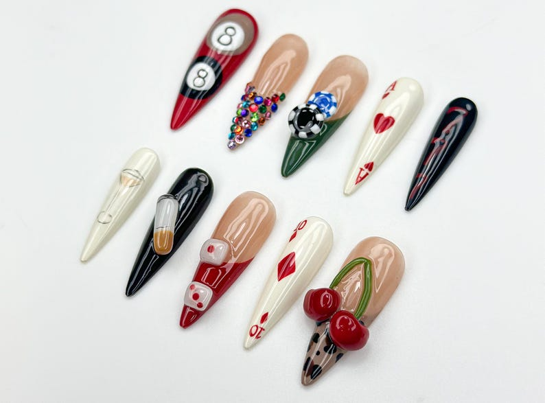 Casino Game Theme Press On Nails | 3D Poker Dice & Martini Nails | Vegas Party Press Ons | Bold Handmade Nail| Vegas Nightlife Nail | OB960H