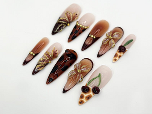 Brown Tortoise Shell Press-On Nails | Handmade Gold Floral Accent Nails | Tortoise Shell and Cherry Design | Brown Ombre Accents | OB652H