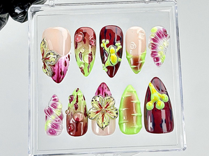 Mutant Floral Alien Press On Nails | Dark Garden Fantasy Fake Nails | Mushroom Beetle Garden Nail Art | 3D Fruit Pod Press Ons | OB893YC