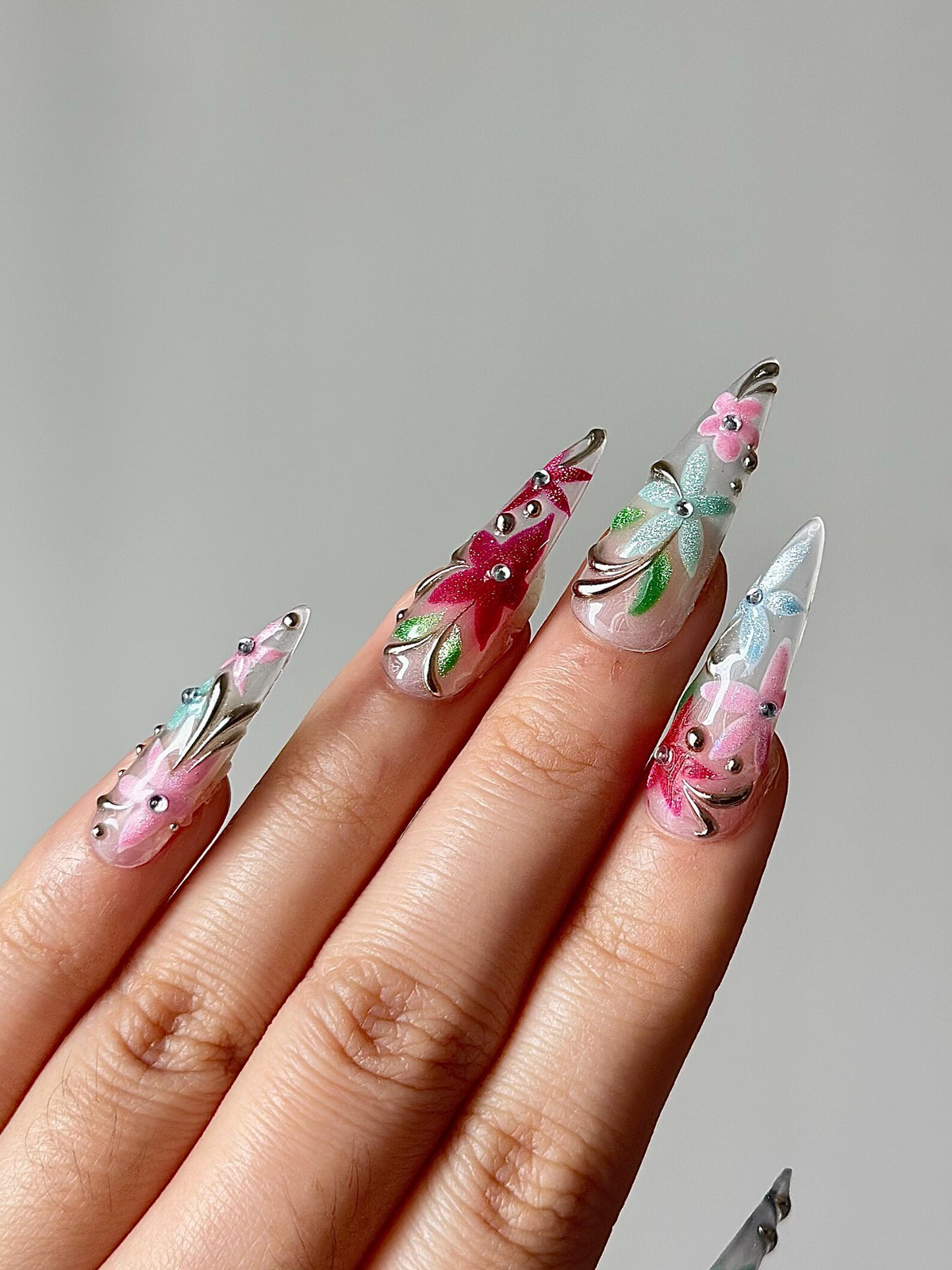 Spring Glass Floral Press On Nails | Hand Painted Flower Nails | Pastel Stiletto Nails | Elegant Floral Nail Art | Luxury Press Ons|OB1278HC