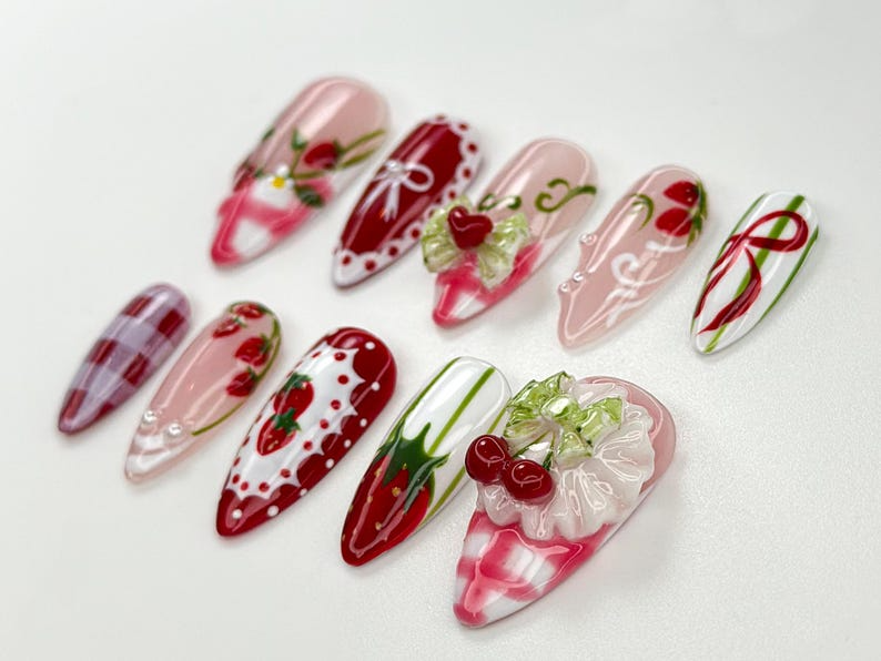 Strawberry Picnic Press On Nails | Cute 3D Strawberry And Bow Nail Art | Gingham Vintage Picnic Nails | Red & Pink Summer Nails | OB822H