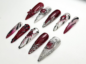 Vampire Red Gothic Press On Nails | Gothic Nail Art Set | Silver Blood Magic Nails | Dark Rune Design Press Ons | 3D Fantasy Nails | OC863HC