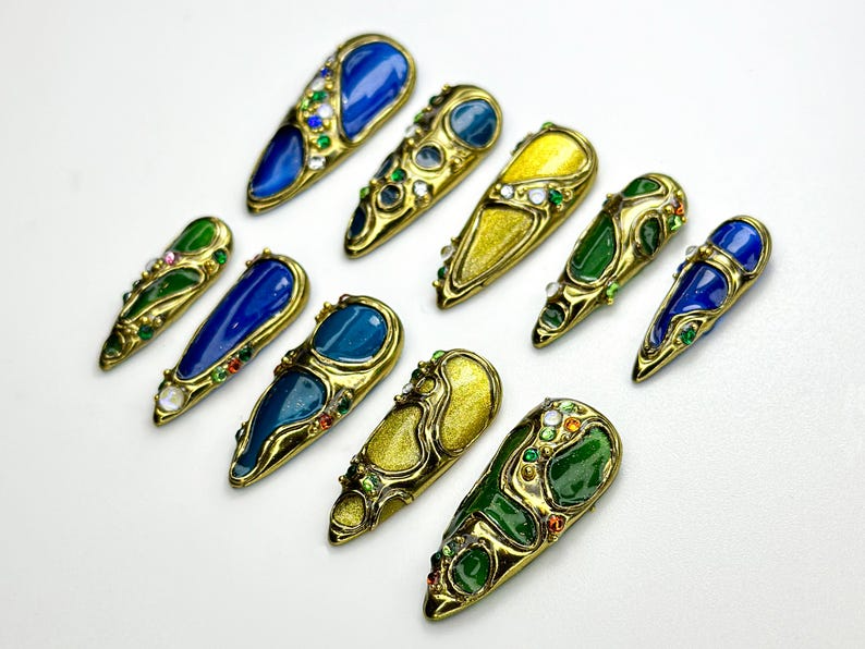 Luxury Gemstone Press On Nails | Blue, Green & Amber Enamel Stones Detail | Jewel-Encrusted Nail Set | Gold Jewel Nail Art | OB790HC