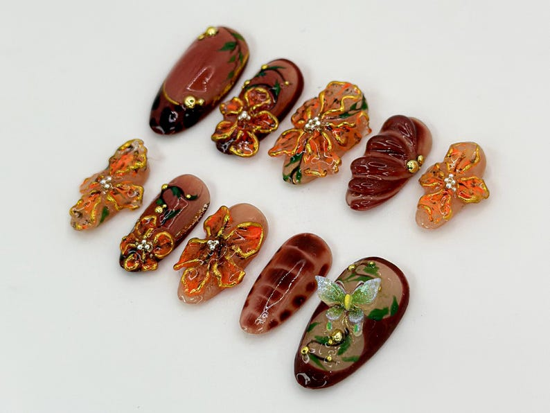 Custom Brown Floral Press-On Nails | Fall Leaves Design | Brown and Orange 3D Nail Art | Custom Nail Design | Autumn Elegance | OB595H