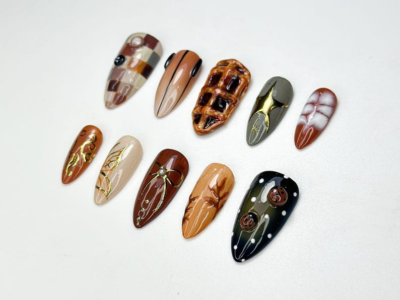 Autumn Brown Press On Nails | Cozy Fall Plaid & 3D Waffle Nail Art | Handmade Neutral Brown Nail | Rustic Autumn Inspired Press Ons |OB161HK