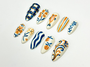 Summer Pottery Press On Nails | Blue Orange Floral Nail Art | Greek Pattern Summer Nails | Hand Painted Ceramic Style Nails | OC910HK
