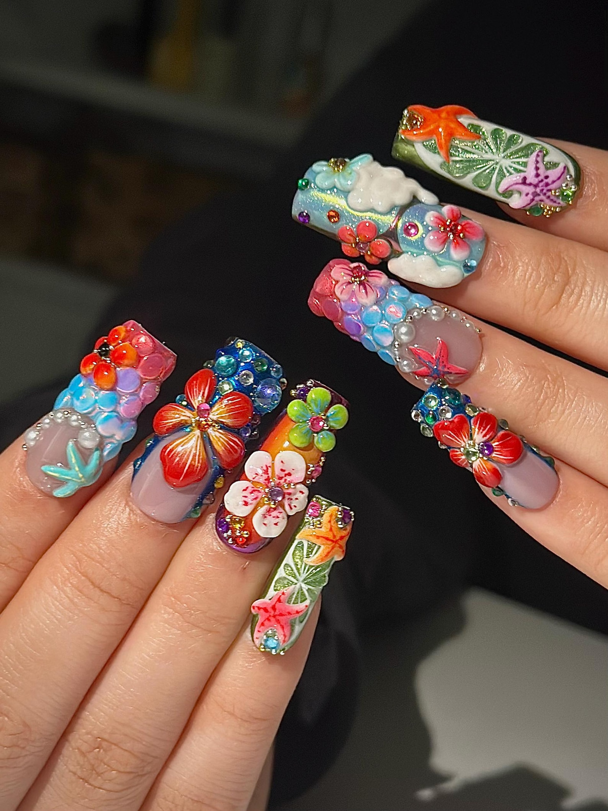 Midnight Sun Press On Nails for Festival | Colorful 3D Flower Nails | Festival Nail | Tropical Summer Luxury Nails | Artistic Nails| OA300HC