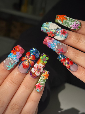 Midnight Sun Press On Nails for Festival | Colorful 3D Flower Nails | Festival Nail | Tropical Summer Luxury Nails | Artistic Nails| OA300HC