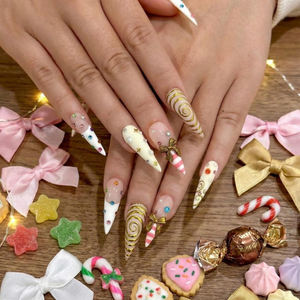 Gold Swirl Cute Press On Nail | Playful Luxury Nail Art | Creative Candy Swirl Nails | Handmade Artistic Candy Nails Set| OB268EC