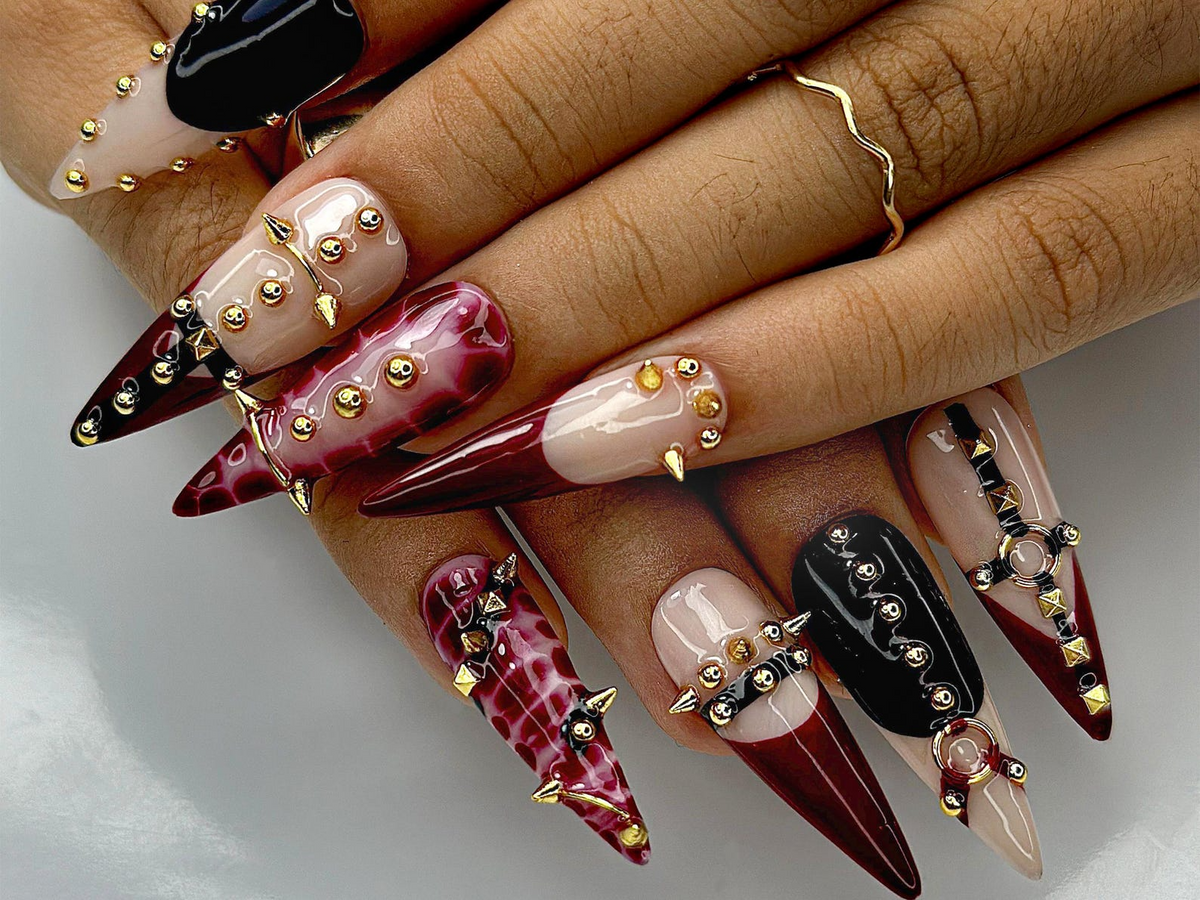 Gothic Punk Press On Nails | Red Marble & Studded Spiked Nail Art | Handmade Long Stiletto Nails | OC993EP