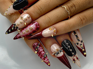 Gothic Punk Press On Nails | Red Marble & Studded Spiked Nail Art | Handmade Long Stiletto Nails | OC993EP
