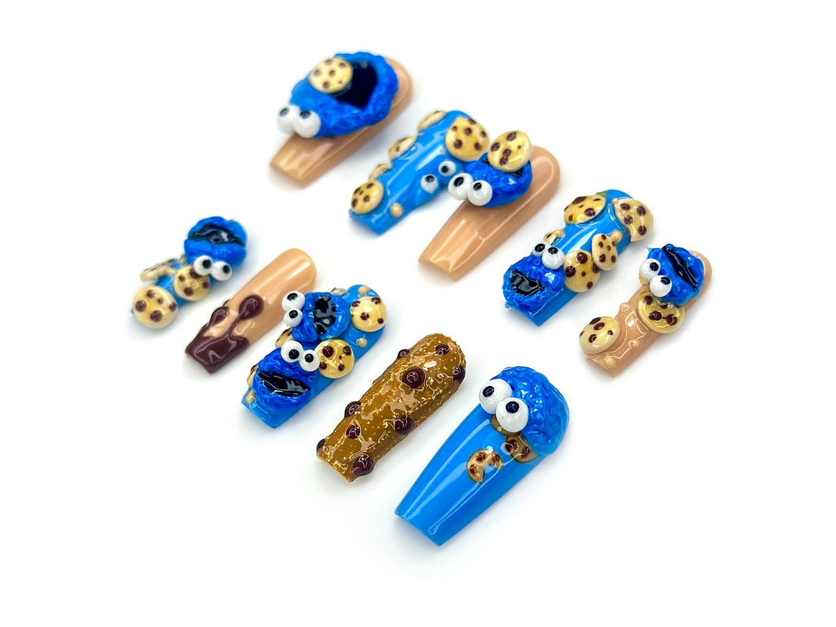 Cookie Monster Press On Nails | 3D Cookie & Monster Nail Art | Funny Blue Cartoon Nail Set | Handmade Pop Culture Nails | OB1048EC