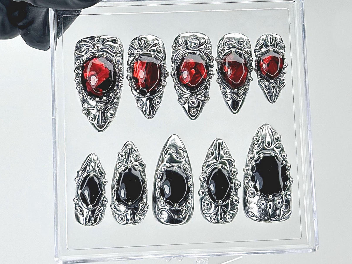 Gothic Vampire Jewel Press On Nails | Red Black Gem Nails with Metal Frame Fake Nails | Black Bloodstone Nail Art | Silver Metal | OB895YC