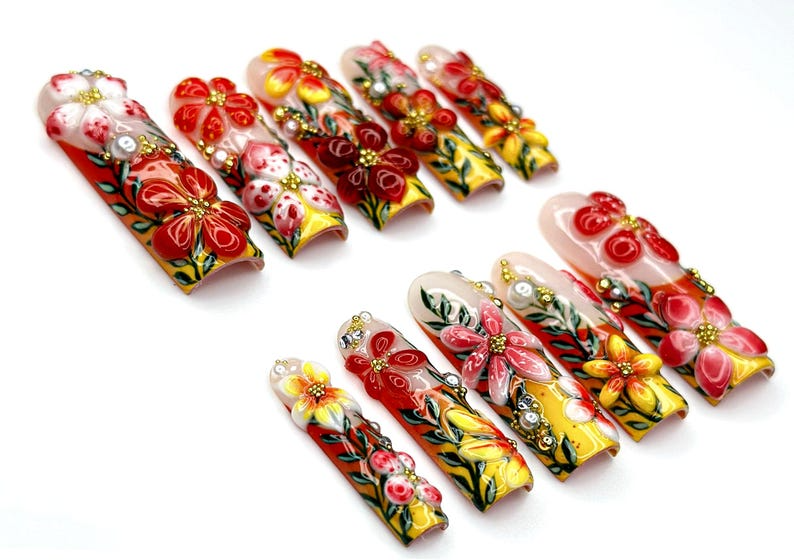 Tropical Bloom Garden Press On Nails | 3D Floral Art Nail Set | Handpainted Exotic Flower Nails | Summer Paradise Tips | OA946EC