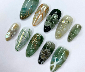 Handmade Jade Press On Nails | Glossy Green Botanical Nails | Elegant Stone Look Nails | Gold Marble Accents | 3D Nail Set OB781Y