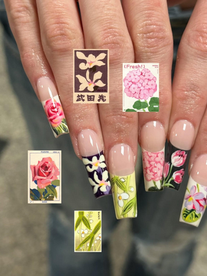 Handmade Vintage Botanical Press On Nails, Japanese Floral Garden Fake Nails, Unique Retro Flower Pattern Nails for Special Events | OB305HK
