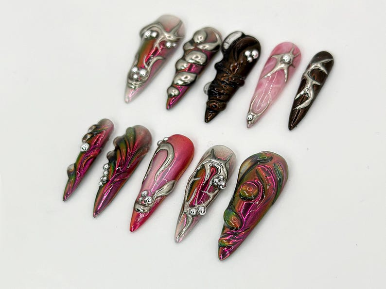 Gothic Metallic Stiletto Nails | Futuristic Metallic and Pink Nails with 3D Designs | Art Deco-Inspired Chrome | 3D Silver Details |OB600HK