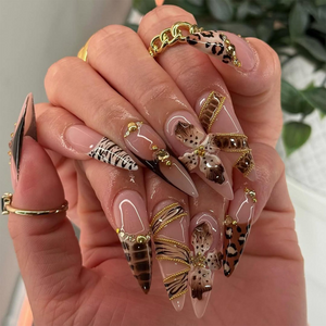 Leopard Gold Floral Press On Nails | 3D Animal Print Nail Art | Golden Bead Glam Nails | Handmade Exotic Press Ons | Fashion Nails | OC841H