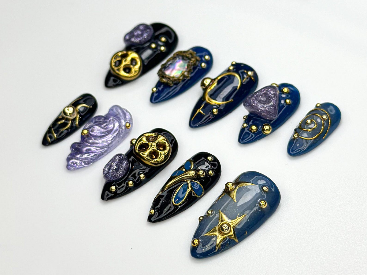 Cosmic Galaxy Press On Nails | Celestial Moon Star Nail Art | Dark Blue & Gold Mystical Nails | Opal Constellation Nail Design | OC860H