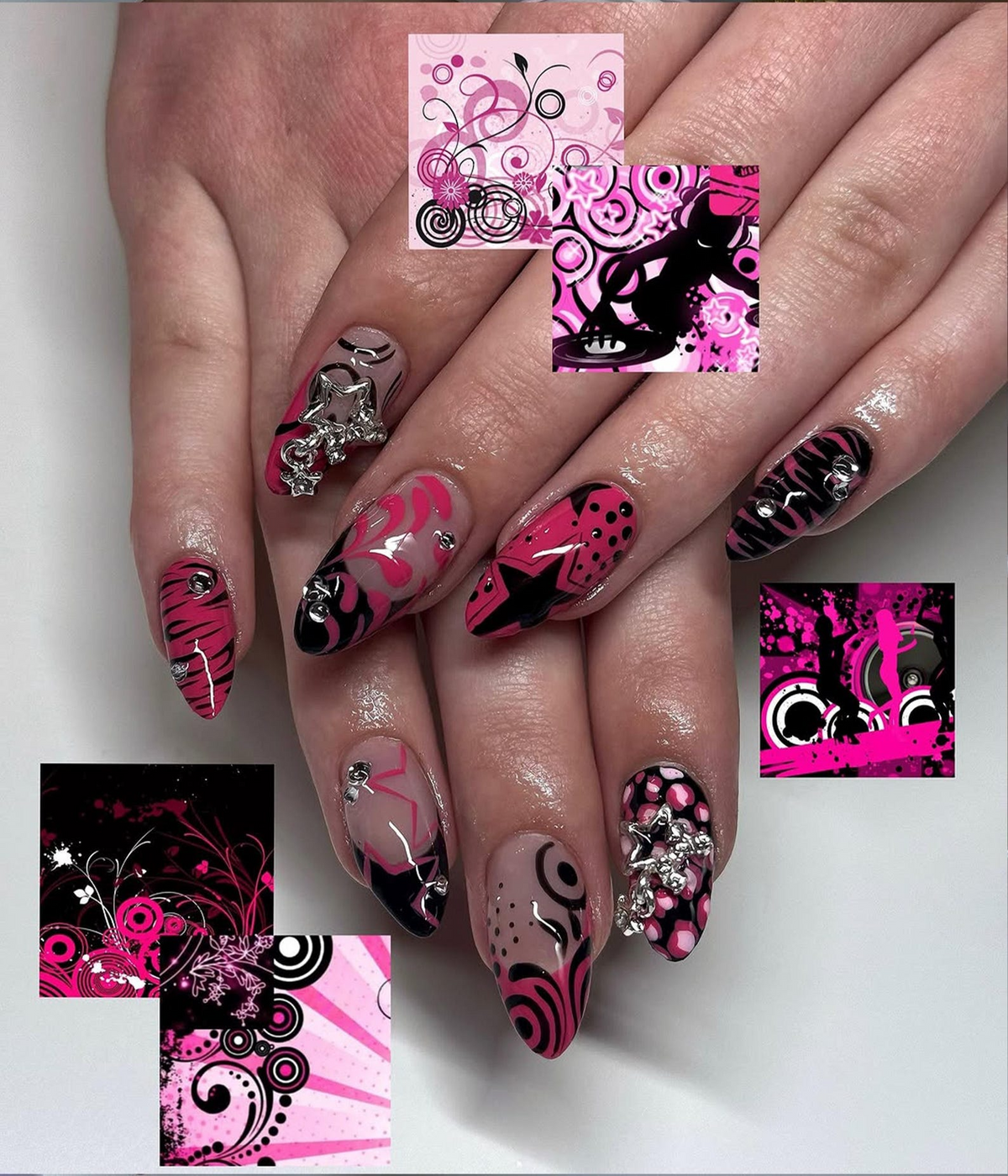 Y2K Hot Pink Press On Nails | Retro Pop Art Nail Set | Black & Pink Graphic Nails with Star Charms | Y2K Vibes Acrylic Press Ons | OC795HK