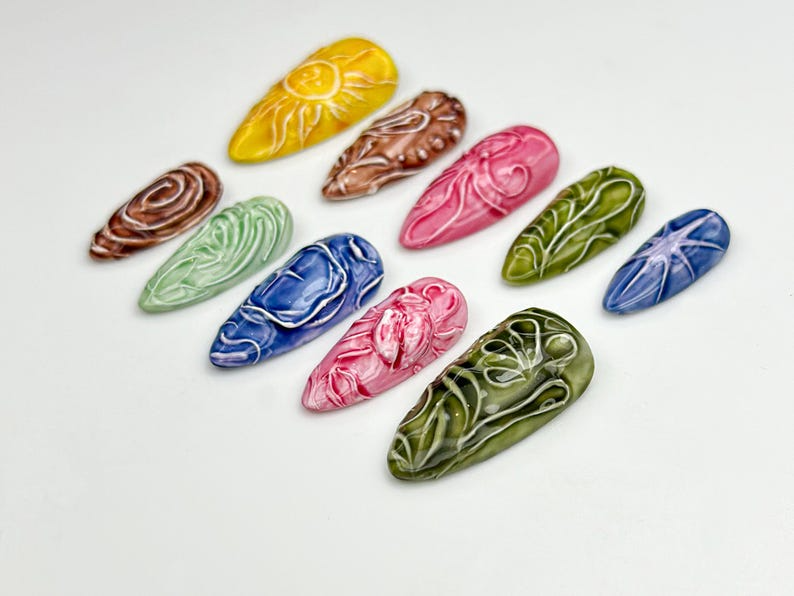 Celestial Carved Texture Press On Nails | Abstract Nature Nail Art | Earth Element Nail Set | 3D Carved Nails | Colorful Press Ons | OB932H