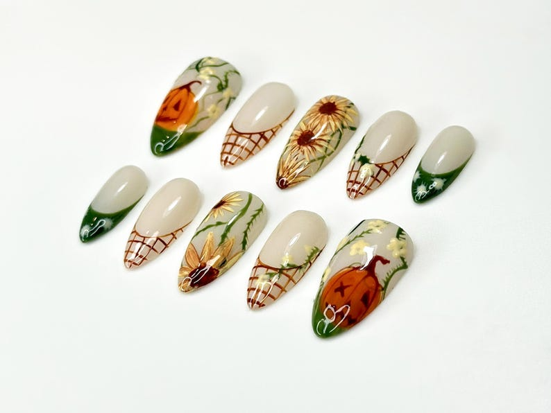 Autumn Pumkin Press On Nails | Pumpkin Sunflower Nail Art | Fall Rustic Farm Nails | Handmade Long Stiletto Nails | OC1087HC