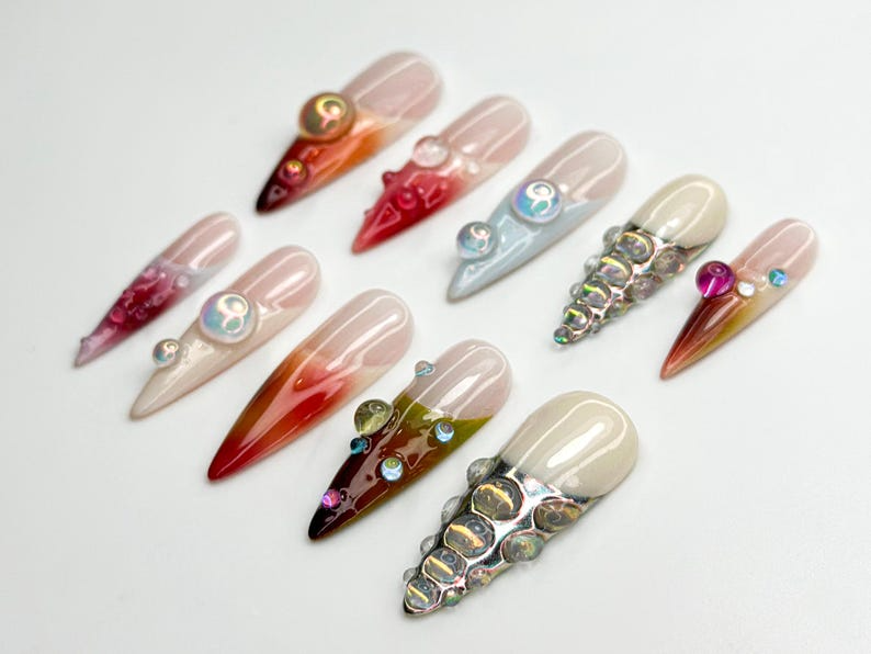 Iridescent Gradient Bubble Press On Nails | Glassy Chrome Pearl Accents | Color Fade Stiletto Nails | Chrome Bubble Nail Art | OC785HC