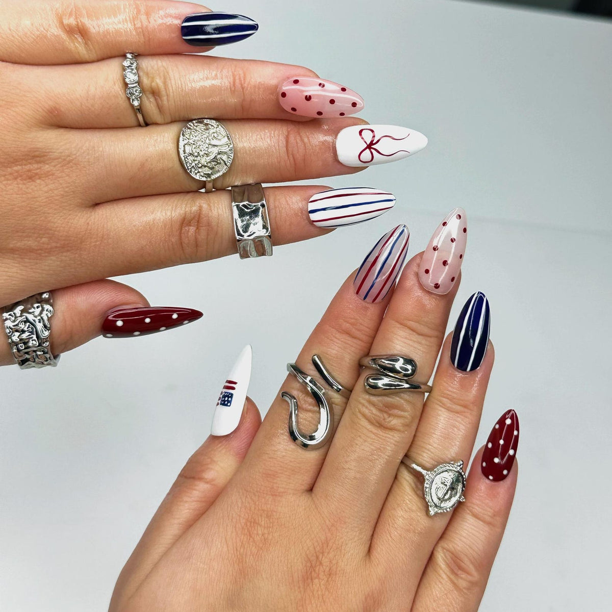 4th of July Press On Nails | Red White Blue Coquette Nails | Patriotic Almond Nails | USA Flag Summer BBQ Nails | Americana Nails | OB399LK