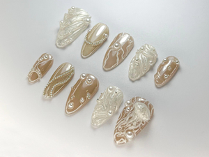 3D Pearl Jellyfish Press-On Nails | Ocean-Inspired Pearl Nail Set | Elegant Nude & Pearl Nail Art | Classy Ocean Nail | Ocean Theme| OB721HC