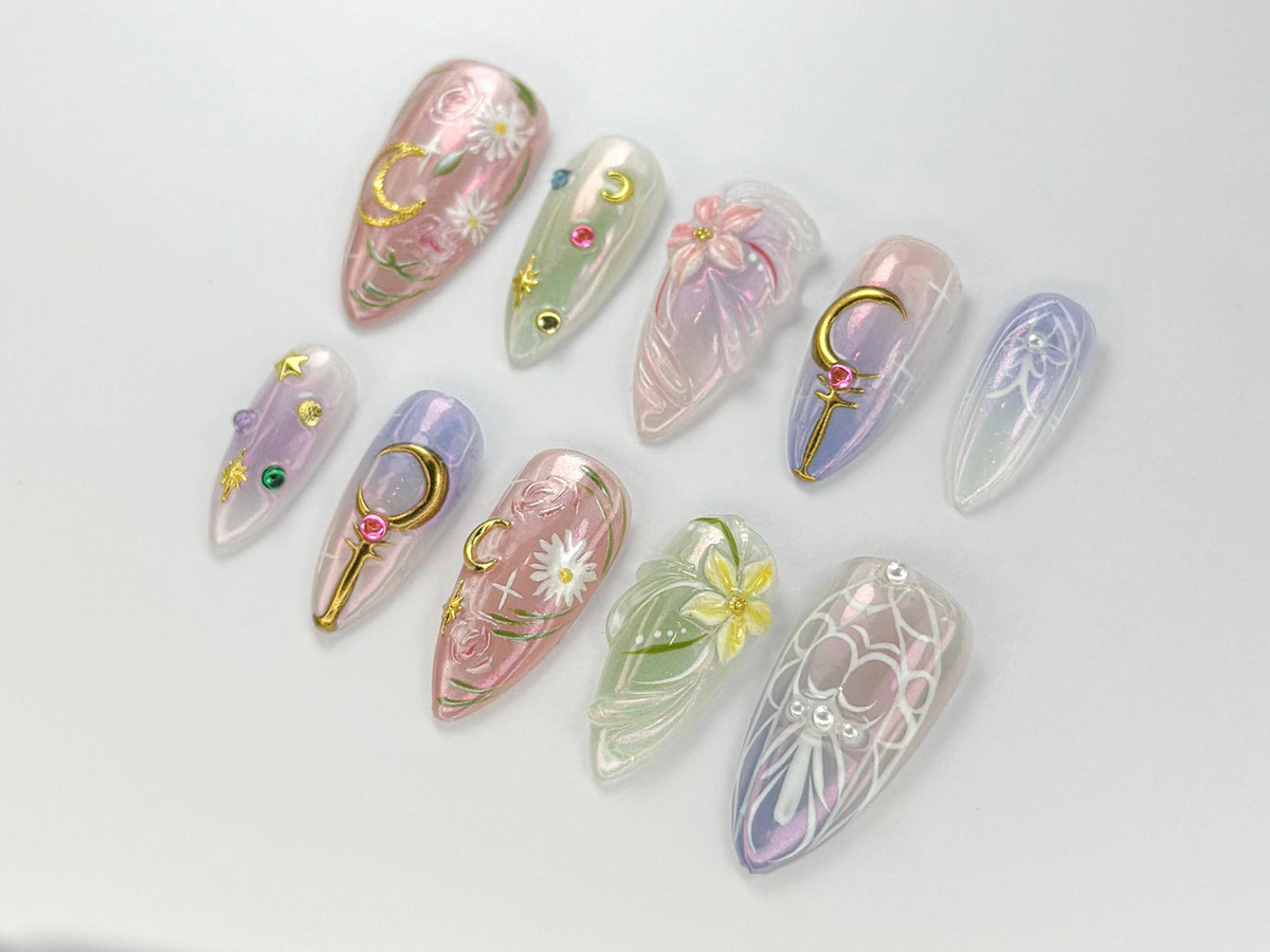 Sailor Moon Press On Nails | Pastel Magical Girl Nail Art | Iridescent Anime Design | Kawaii Anime Press On | Handmade Cosplay Nail |OB746HK