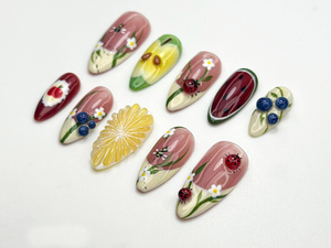 Garden Picnic Press On Nails | Fruit & Floral Summer Nail Art | 3D Ladybug And Lemon Nails | Handmade Berry Picnic Nail Tips | OC799HK