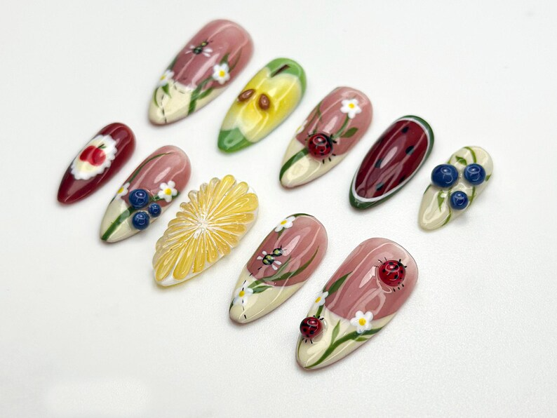 Garden Picnic Press On Nails | Fruit & Floral Summer Nail Art | 3D Ladybug And Lemon Nails | Handmade Berry Picnic Nail Tips | OC799HK