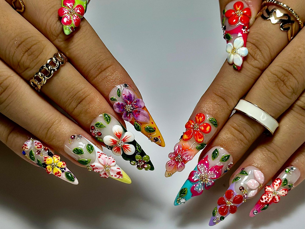Tropical Garden Explosion Press On Nails | 3D Colorful Floral Nail Art | Rainbow Gradient Tips with Leaves & Gems | OB989EC